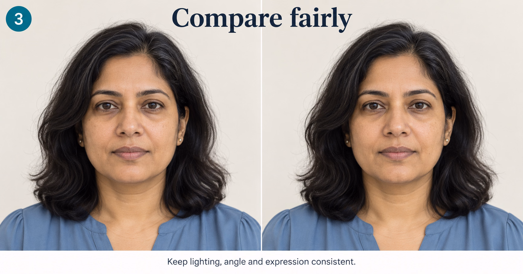 Matching portraits demonstrating consistent lighting and positioning for a fair skin comparison