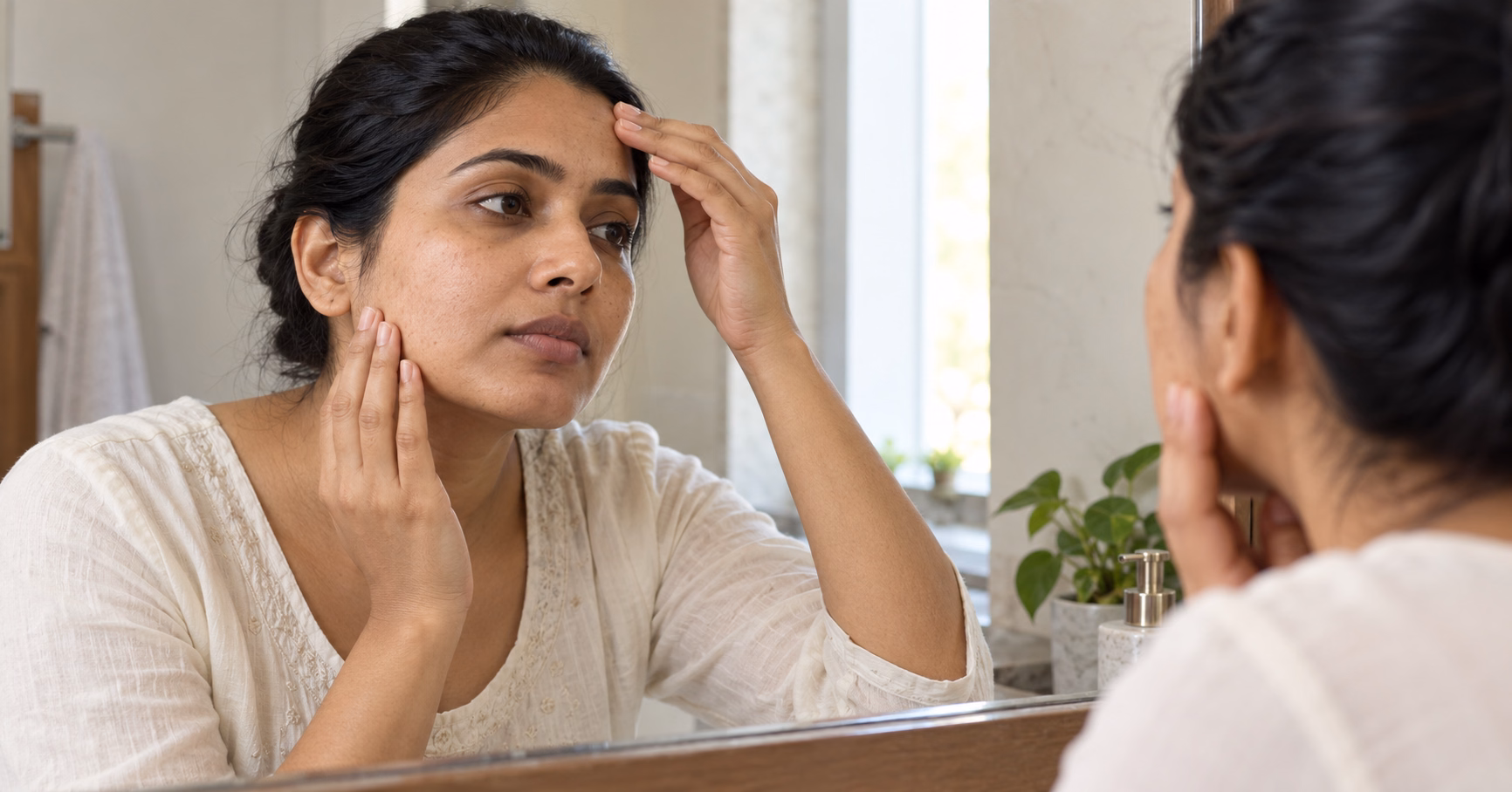 Indian woman examining her forehead and cheeks in a mirror