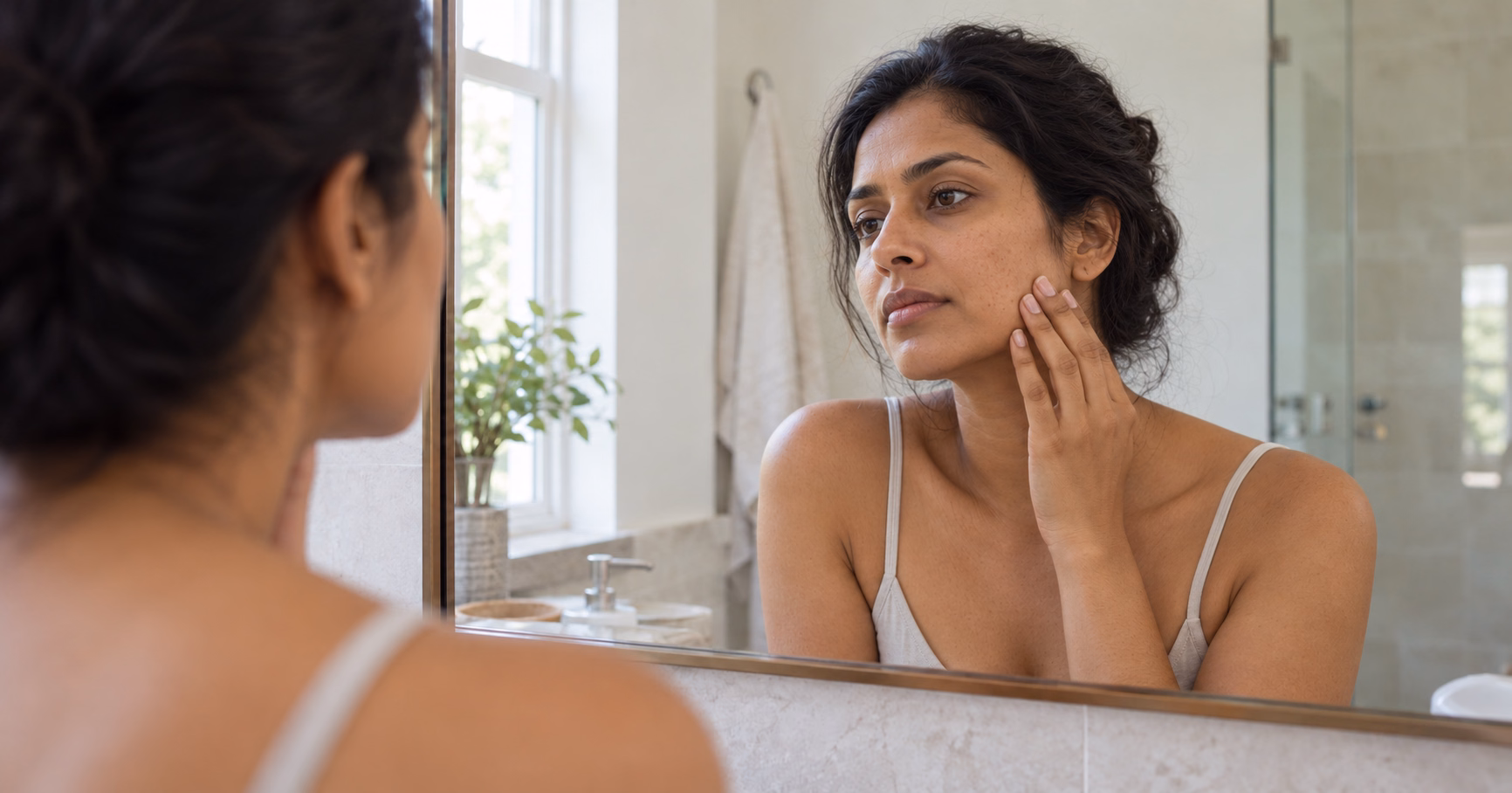 Woman observing her forehead and cheeks in a mirror in natural light