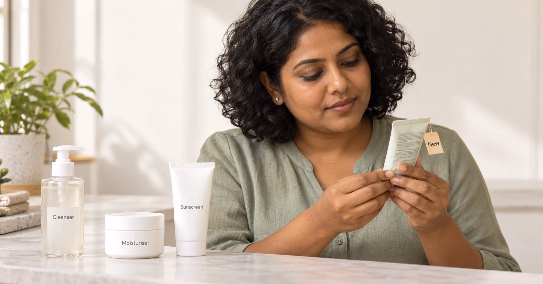 Indian woman reading a new skin care product’s directions beside her existing routine