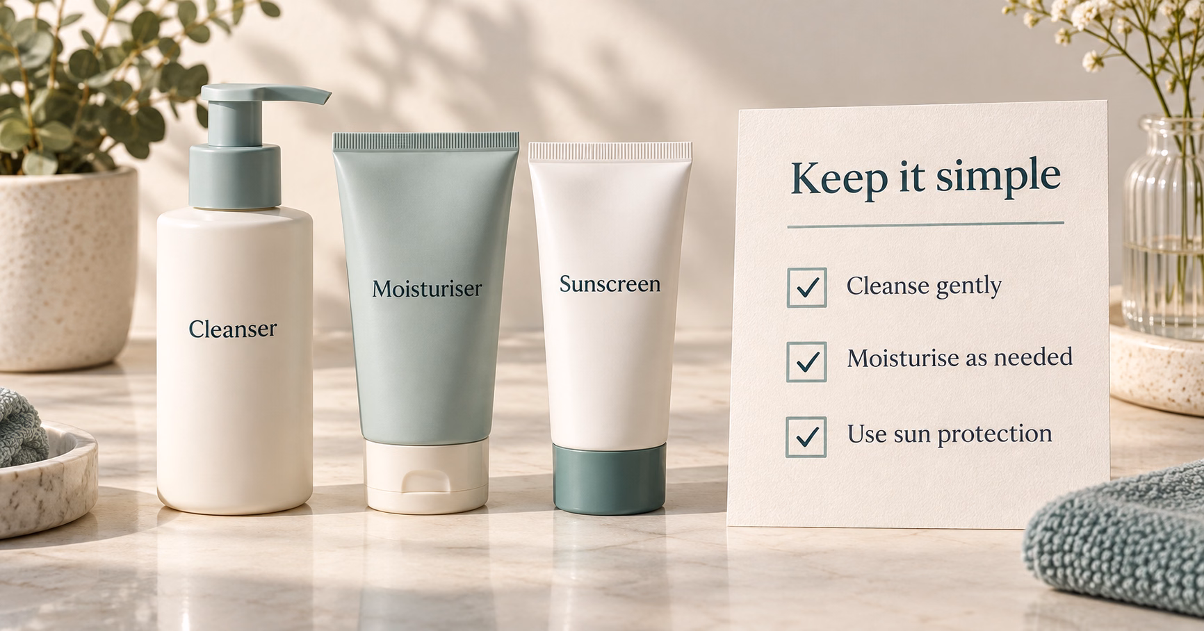 Simple cleanser, moisturiser and sunscreen beside a checklist of personal skin care needs