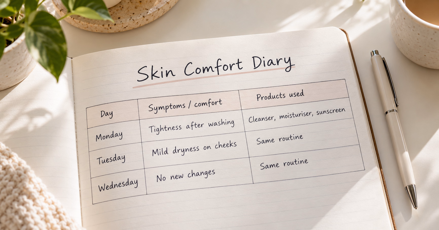 Notebook recording skin comfort, symptoms and recent product changes beside a plain moisturiser container