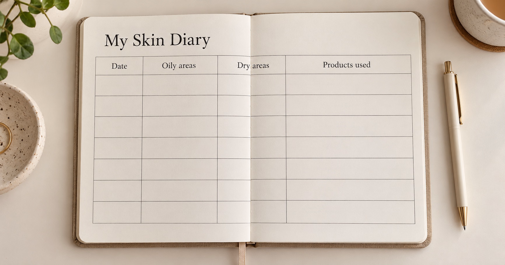 Notebook recording skin comfort, oily areas and products used on several days
